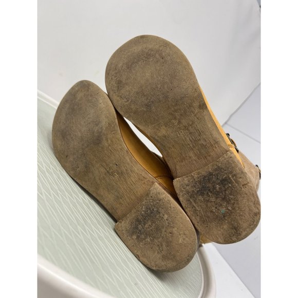 Anthro Lockeed Round Toe Buckle Boots Womens 39 Tan Leather Block Heel Boho Moto - Picture 6 of 9